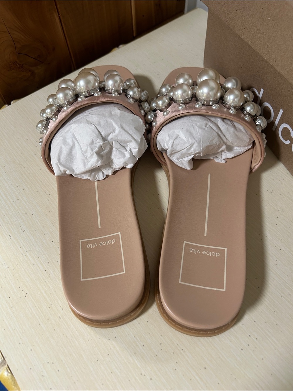 Dolce Vita Blush Pearl-Studded Slide Sandals - Picture 5 of 8